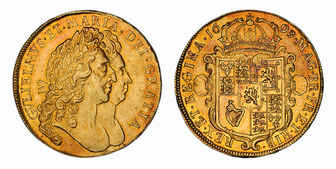 William and Mary, Five Guineas, 1693 QVINTO